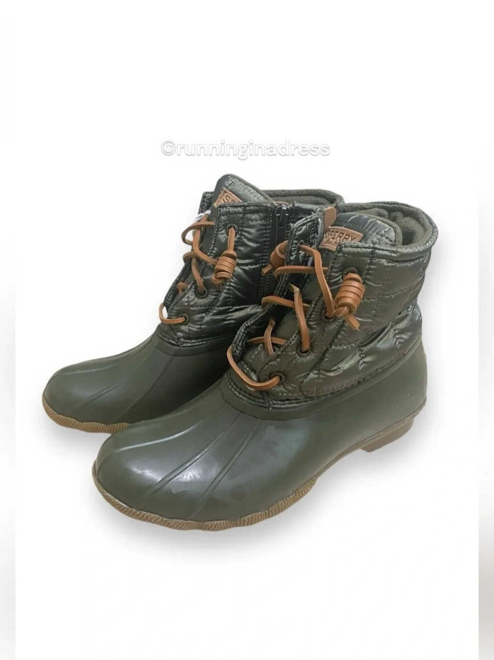 NWT Sperry Saltwater All-Weather Rain Boots Dark Olive Quilted - 8.5